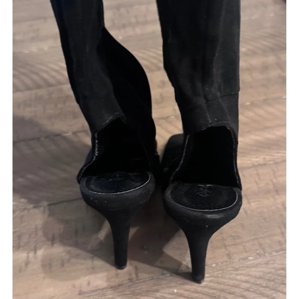 Qupid Black Floral Embroidered Over The Knee Boots Heel Stiletto Suede Size6.5-7